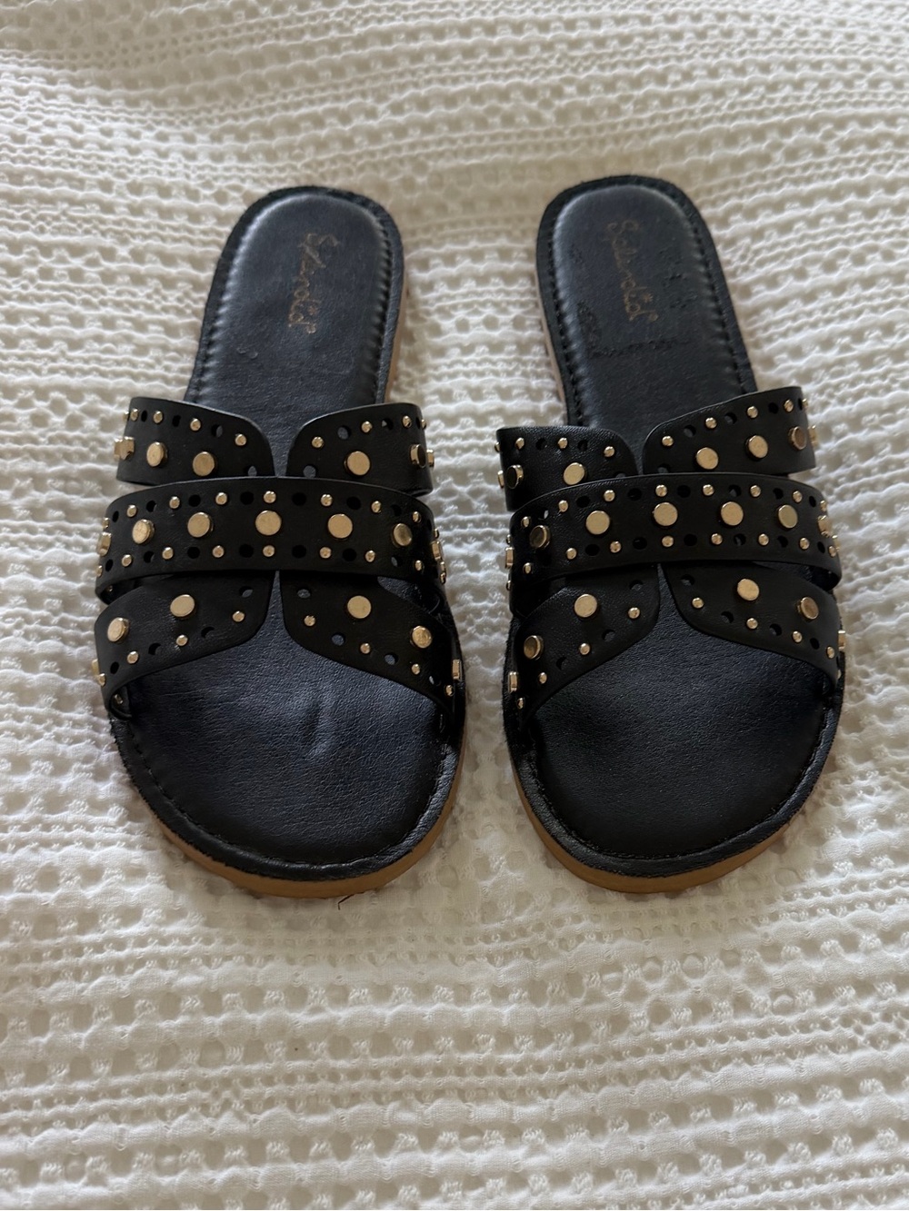Splendid Black Slide Sandals with Gold Studs